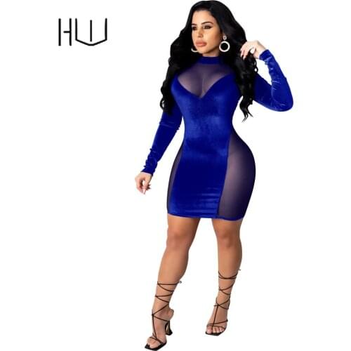 Black Party Dresses Evening Dresses with Long Sleeve Sexy Mesh Velour Velvet Bodycon See Though Zipper Up Patchwork Club Vestido