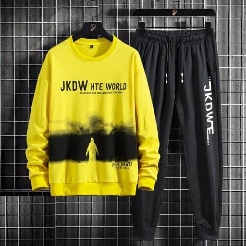 New Mens Tracksuits 2 PCS Sweat Suits Male O-neck Patchwork Printing Sweatshirts Sweatpants Sets Autumn Youth Sports Clothing