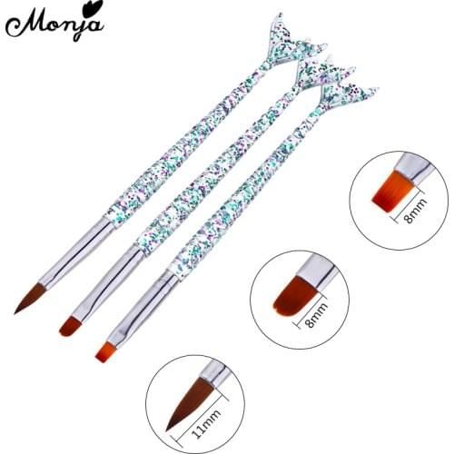 Monja 3 Pcs/Set Mermaid Handle Nail Art Acryli Powder Carving Painting Brush UV GEL Extension Pen Flower Drawing Manicure Tool