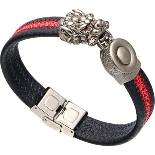 Mestylish Cool Leather Bracelet Domineering Stainless Steel Lion Head For Men Fashion Personality Rock Punk Style
