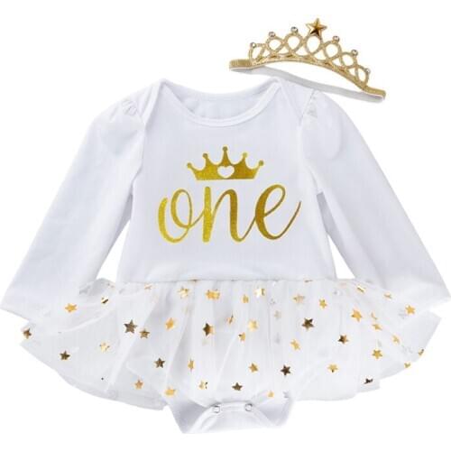Newborn Girl Birthday Clothes Fashion Cute Lovely Baby Girls One Birthday Clothing Bodysuit+Headband 2PCS Princess Clothing Suit