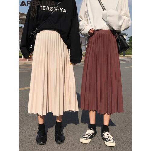 Autumn Skirts Womens Vintage High Waist Elascity Pleated Skirt Solid Long Skirts New Fashion winter Metallic Midi Skirt Female