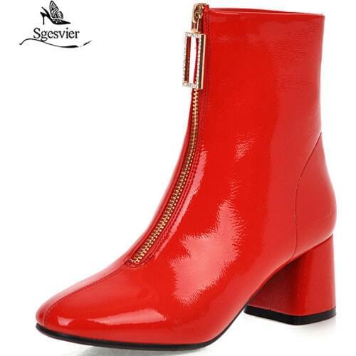 Sgesvier 2020 patent leather shiny crystal front zipper tight boots woman footwear red ankle boots for women shoes Size 48 G731