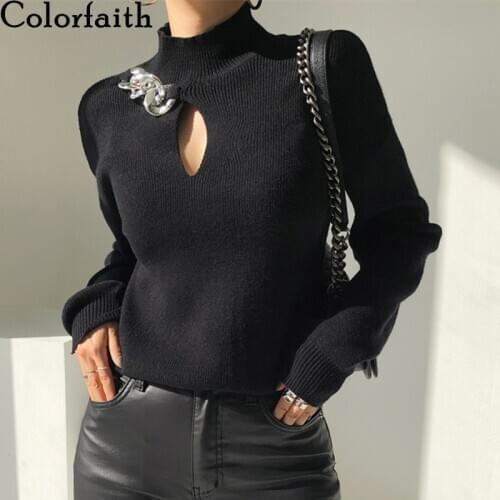 Colorfaith 2020 Autumn Winter Women Sweater Pullovers Cutout Sexy Oversize Solid Color Knitted Elegant Ladies Jumpers SW3015
