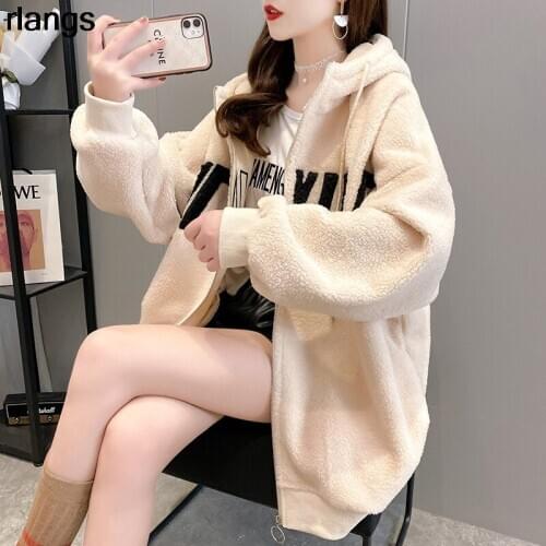 Thick Lamb Wool Sweater Womens Hooded Autumn And Winter Korean Version Of Loose Lazy Wind Wild Cardigan Jacket Coat Ins