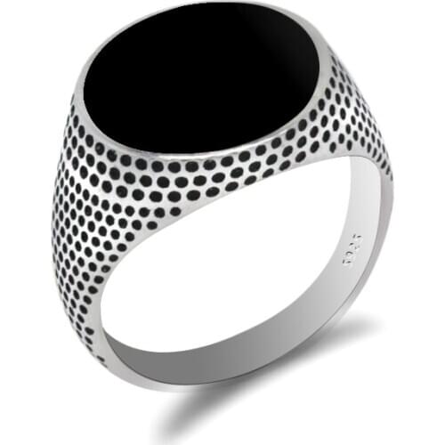Turkish Men Ring 925 Sterling Silver Oval Black Enamel Ring Craft Black Dot Design for Men Women Unisex Thai Silver Jewelry