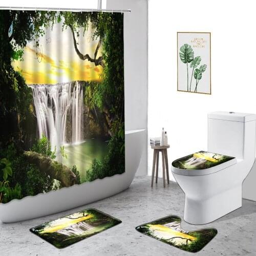 3D Forest Waterfall Scenery Waterproof Shower Curtain Green Plants Dream Jungle Bathroom Decor Curtains Set Anti-Slip Bath Mat