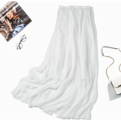 Womens 100% Silk Maxi Skirt cream Two-Layer Pleated Long Skirt Summer Beach JN010-2