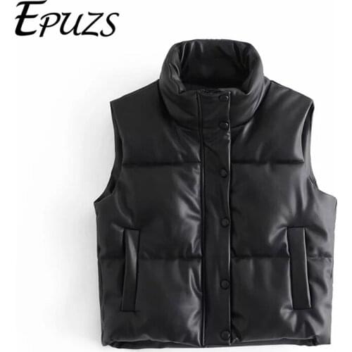 2021 fashion PU Faux leather jacket women sleeveless thick coat streetwear spring winter zipper ZA coat