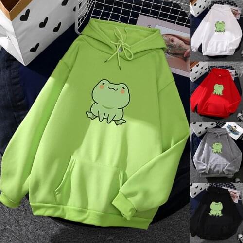 Womens Hoodies Sweatshirt Cute Frog Printed Hooded Blouse With Large Front Pocket 2021 Autumn Winter Causal Top Ladies Pullover