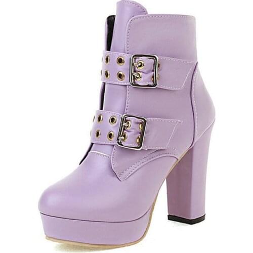 2021 Autumn Winter Women Ankle Boots Platform Square High Heel Ladies Short Boots Round Toe Buckle Womens Shoes Big Size 45