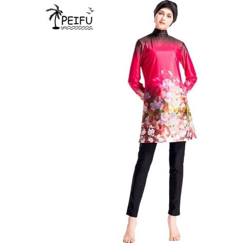 PEIFU 4XL Women Printing Floral Muslim Swimwear Hijab Muslimah Islamic Swimsuit Swim Surf Wear Sport Burkinis