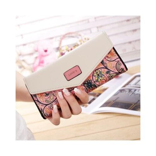 Wristlet Fashion Envelope Women Wallet Hit Color 3Fold Flowers Printing PU Leather Wallet Long Ladies Clutch Coin Phone Purse