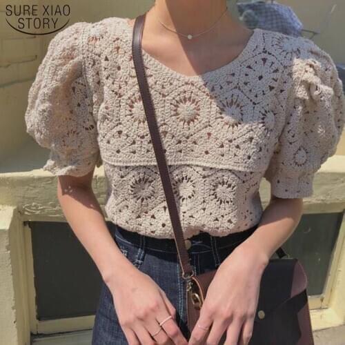 2021 Hollow Out White Pullover Lace Blouse Women Blusas New Streetwear Summer Tops Women Floral Puff Sleeve Shirt Female 9684