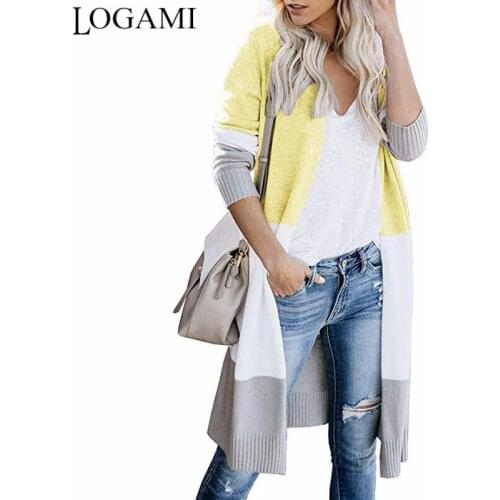 LOGAMI Three Color Patchwork Long Cardigans Womens Striped Knitted Sweater Autumn Winter Fashion 2019 Coat New Streetwear
