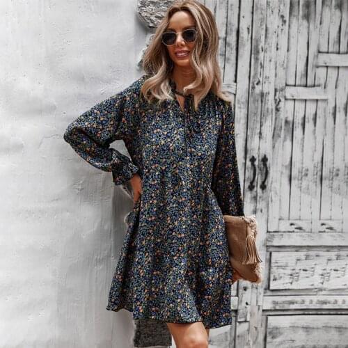 Print Autumn Mini Dress Woman 2021 Printed Holiday Style Long Sleeve Loose Dress for Women Elegant V-Neck Casual Dress Robe