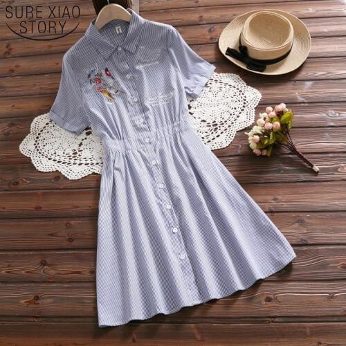 Medium dress Short sleeve Stripes pattern turn down collar women sweet dress top Type A 2021 College style women 3677 50