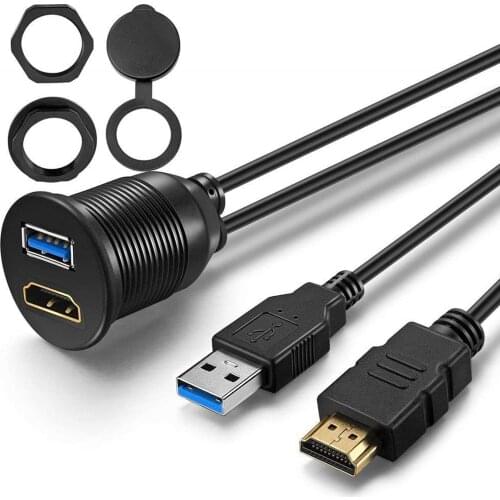 1M 2 Port USB3.0 HDMI-Compatible Data Cable Waterproof Car Dashboard Panel Cable Motorcycle Ship Mount Extension Wire Charger