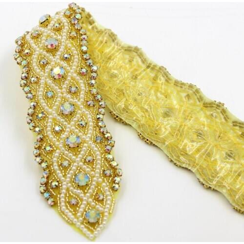10Yds Gold AB Crystal Rhinestone Applique Trim Iron on Wedding Bridal Belt Sash Dress High Quality