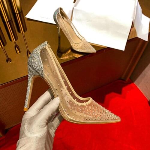 2021 Luxury Womens Shoes Gypsophila Rhinestone Pumps Pointed Toe Mesh Ballet Shoes Flat Shoes Womens Single Shoes
