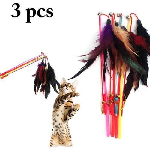 3PCS Hot Sale Cat Toys Make A Cat Stick Feather With Small Bell Natural Like Birds Random Color Black Coloured Pole