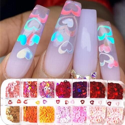 Butterfly Love Heart Nail Sequins Valentines Day 3D Colorful Shining Holographic Sequins DIY Nails Art Decorations 12 Grids/box