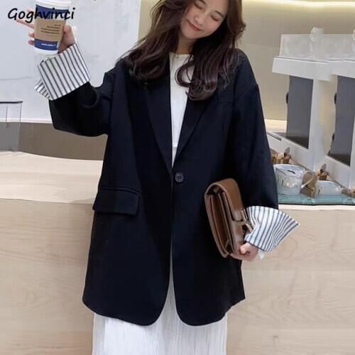 Blazers Women Notched Autumn Ladies Korean Style Ulzzang All-match Pocket Patchwork Stripe Loose Single Button Classic Overcoat