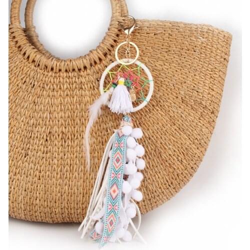 Boho Leather Fringed Dreamcatcher Pompons Keychain Handbag Accessorise Bag Or Car Charm key Ring Jewelry Gift