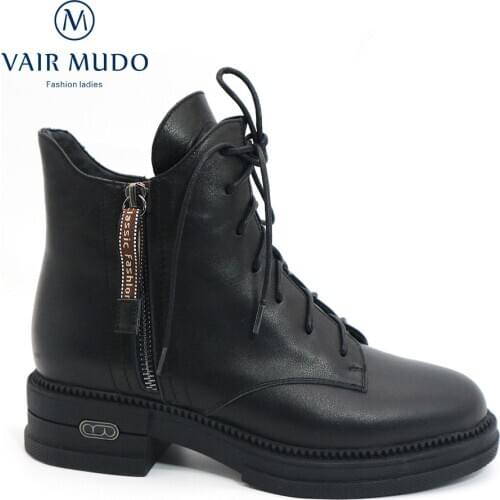 VAIR MUDO Ankle Boots Shoes Women Snow Boots Fashion Genuine Leather Lace up Low Heel Adult Winter 2020 New Solid Western DX51