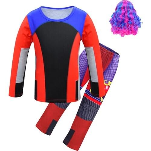 Descendants 3 Cosplay Mal Costume Kids Shirt Pant Uniform Set Halloween Carnival Costumes Wig