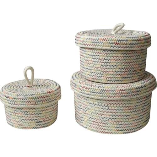 Storage Baskets With Lids - Set Of 3 Decorative Baskets For Shelves And Coffee Table - Natural Cotton Rope Lidded Basket