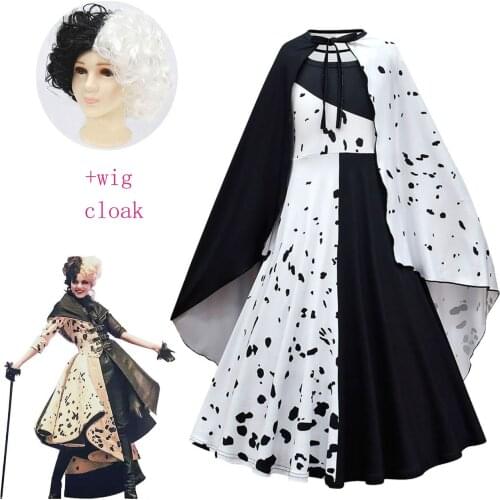Movie Evil Madame Cruella De Vil Cosplay Costume Kids Gown Black White Princess Dress Halloween Party Clothing with Cloak Wig