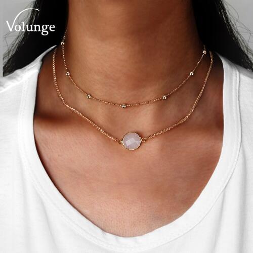 Volunge 2017 Fashion Boho Crystal Pendant Double Layer Choker Necklaces Multicolor Beads Necklace Collier Chain Party Jewelry