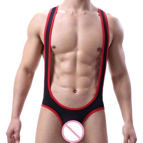 Sissy Gay Men Sexy Underwear Shorts Panties One Piece set Exposed Breathable ice silk Overalls Wrestling Suit g string jockstrap