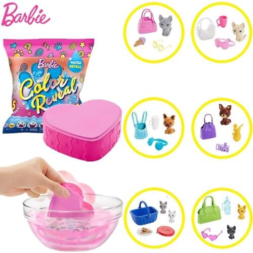 Barbie Color Reveal Pet Set in Heart Shaped Case Temperature Sensing Discoloration 5 Surprises Blind Box Toy Gift GPD25