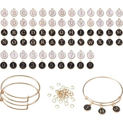 1Set Bangle Making Kits Flat Round Alphabet/Number Enamel Charms Adjustable Expandable Bangles for Diy Bracelet Handmade Jewelry