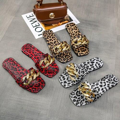Leopard Print Shoes Open Toe Summer Slippers Fashion Chain Woman Flat Sandals Outdoor Plus Size 43