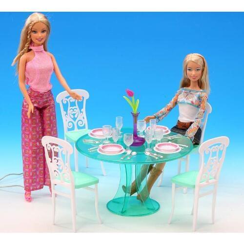 Original for barbie dining table princess furniture kitchen accessories 1/6 bjd doll dining table set chair miniature