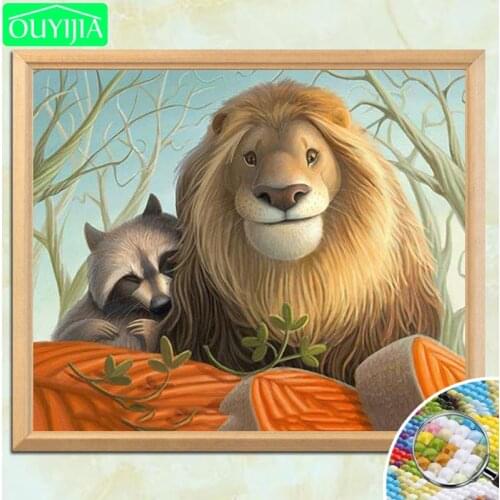 OUYIJIA Cartoon Lion And Raccoon 5D DIY Diamond Painting Full Square Diamond Embroidery Picture Of Rhinestones Mosaic Painting