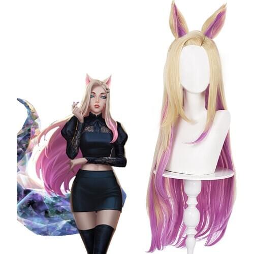 KDA Baddest Ahri Cosplay Wigs LOL KDA Cosplay Blonde Mixed Pink Wigs with Ears Heat Resistant Synthetic Hair + Wig Cap