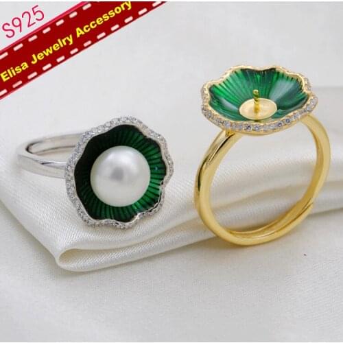 Women Pearl Rings Settings S925 Sterling Silver Rings Findings&Components Green Leaf Style Rings Jewelry Accessory 3Pcs/Lot