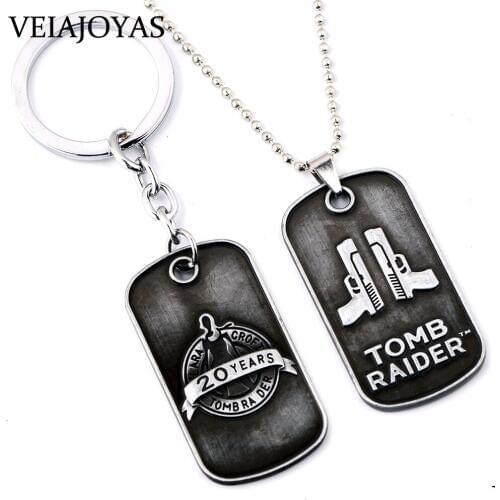 Vintage Tomb Raider Necklace 20th Anniversary Edition Antique Silver Pendant Beads Chain Choker Necklaces Charms Amulet Jewelry