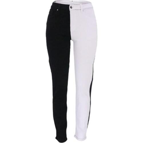 Vintage Black And White Two Tone High Waist Denim Jeans for Women 2021 Zipper Fly Casual Ladies Straight Jeans