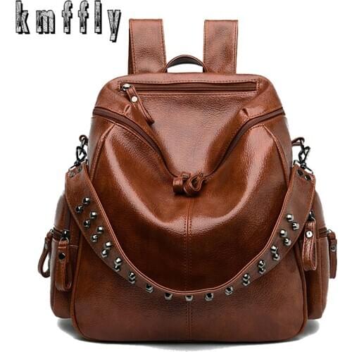 Vintage Leather Backpack Women Large Capacity Travel Backpack Bookbag Fashion Rivets School Bags for Girls Shoulder Bags mochila