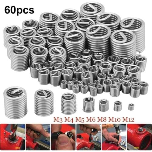 60Pcs M3-M12 Stainless Steel Wire Screw Sleeve Insert Set Threaded Insert Wire helical screw thread for Hardware Repairing