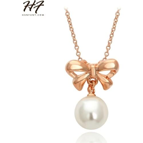 Top Quality Bowknot Peal Rose Gold Color Pendant Necklace Jewelry Austrian Crystal HotSale N204 N306