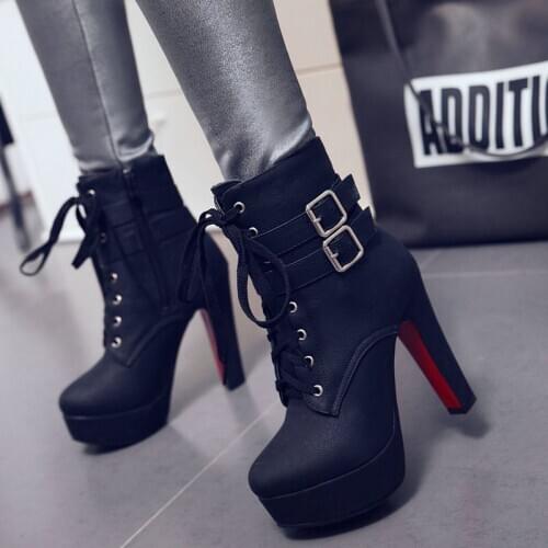 2020 Rubber Shoes Platform Thick Heel Women Ankle Boots Fashion Zipper Buckle Women Riding Boots Cross Tied Ladies Autumn Winter
