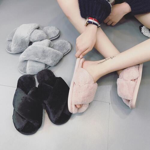 2019 Winter Women Home Slippers with Faux Fur Fashion Warm Shoes Woman Slip on Flats Female Slides Black Pink Plus Size 36-41