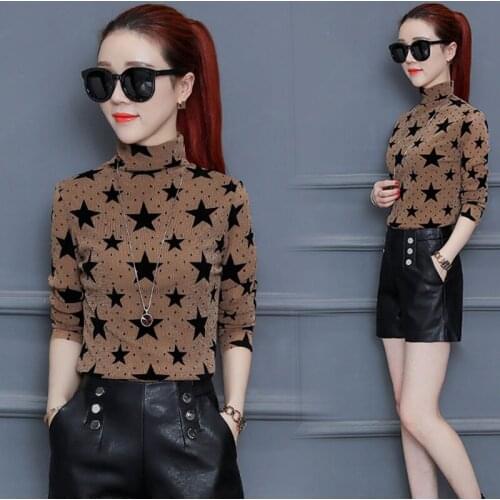 Woman Tshirts Lace Womens Autumn Winter Clothing Collar Womens Long-Sleeved Lace Shirt Mesh Tops Mujer Camisetas