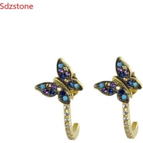 Butterfly Gold Color Studs Earrings Colorful Rhinestone Ear Women Fashion Ear Jewelry Gift For Women Birthday Party Gifts